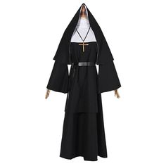 the nun costume is black and white with a cross on it's chest,