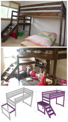 bunk beds with stairs and desks are shown in three different pictures, one is made out of wood