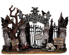 a halloween scene with tombstones, graves and cemetery signs in front of an iron gate