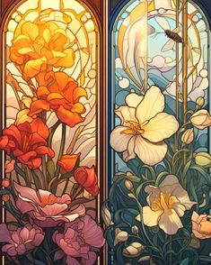 two stained glass windows with flowers in them