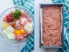 ingredients for meatloaf in a pan on a blue and white checkered towel