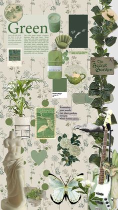 a collage of green and white wallpaper with flowers, plants, vases