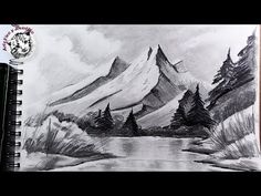 a pencil drawing of mountains and trees