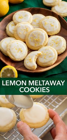 lemon meltaway cookies are on a plate and being drizzled with icing