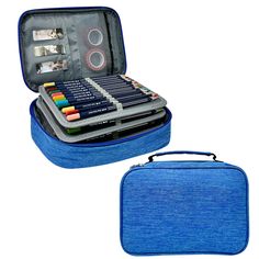 an open blue case with several different items in it, including pens and pencils