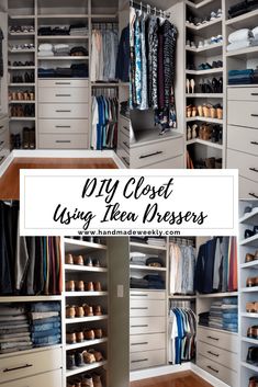 an organized walk in closet with drawers and shoes