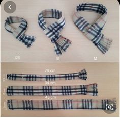 three different types of scarfs and ties on a wooden table with measurements for each one