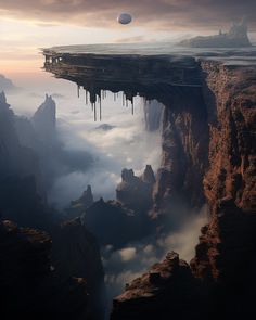 an image of a floating city in the sky above some mountains and water with fog