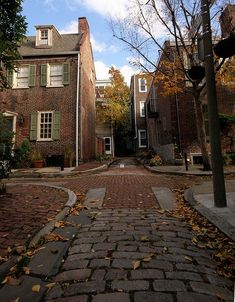 an alley with brick buildings and trees in the fall, surrounded by leaves on the ground