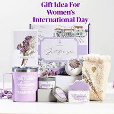 the gift idea for women's international day includes lavenders, candles and greeting cards