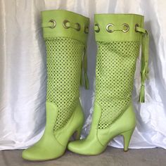 Hand Made In Italy Stunning Sexy Spring Summer Perforated Leather Heels Boots . Never Wear! Green Knee-high Heeled Boots For Spring, Green Leather Summer Boots, Green Heeled Boots With Reinforced Heel For Spring, Green Leather Boots For Summer, Designer Fitted Boots For Spring, Chic Green Summer Boots, Designer Round Toe Heeled Boots For Spring, Spring Leather Boots With Perforations, Green Leather Heeled Boots For Party