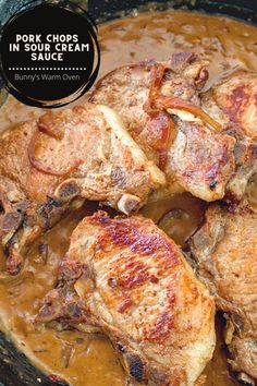 Pork Chops in Sour Cream Sauce in a cast iron skillet. Sour Cream Gravy, Pork Chops And Rice, Pork Chop Recipes Crockpot, Baked Pork Chops Oven, Cream Gravy, Easy Pork Chops, Pork Chop Recipes Baked, Easy Pork Chop Recipes, Sour Cream Sauce