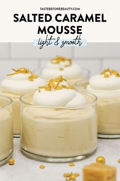 salted caramel mousse in small glass dishes with gold sprinkles