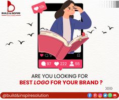 a woman reading a book on her cell phone with the caption are you looking for best logo for your brand?