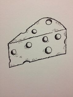 a piece of cheese with holes on it is drawn in black and white pencils