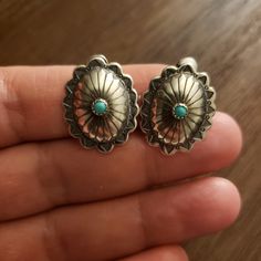 Vintage Sterling Silver Stamped Sterling Small Concho Earrings Native Stamped Design Turquoise Stone Tarnished In Good Pre-Owned Condition Concho Earrings, Sterling Silver Turquoise Earrings, Silver Turquoise Earrings, Dry Creek, Stamp Design, Earrings Color, Turquoise Earrings, Silver Turquoise, Turquoise Sterling Silver