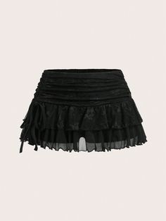 Ultra Low-Waist Lace & Mesh Double-Layer Pleated Wrap-Tie High-Slit Women's Skirt Black Sexy   Knitted Fabric Plain Flared High Stretch  Women Clothing, size features are:Bust: ,Length: ,Sleeve Length: Black Coquette Skirt, Pattern Skirts, Black Frilly Skirt, Short Black Skirts, Black Skirts, Black Mesh Skirt, Black Flare Skirt, Club Skirts, Black Sequin Skirt