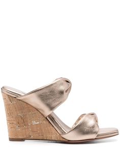 gold-tone calf leather metallic finish double-strap design twist detailing high wedge heel open toe slip-on style Tone Calves, Double Strap Sandals, Sandals Gold, High Wedges, Gold Heels, Strap Design, Slingback Sandal, Metallic Leather, Strap Sandals