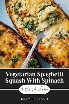 vegetarian spaghetti squash with spinach and garlic cheese on a blue plate, next to a serving fork