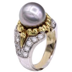 Vintage Statement Pearl Ring 18K Gold and Diamonds Hight Quality - well made Tahitian Pearl Ring 18k Two tone Yellow & White Gold approx 14 grams Tahitian Pearl size 11 mm nice good luster. Natural Brilliant Diamonds Approx 1.30 carat G-VS-SI (very nice sparkly diamonds) Finger size 6 pre-owned - very good condition -as new. Appraisal and Gift Box Included Vintage Pearl Ring, Tahitian Pearl Ring, Pearl Rings Vintage, Diamond Bracelet Design, Gold Pearl Ring, Pocket Watch Antique, Pearl And Diamond Ring, White Bracelets, Vintage Pearl