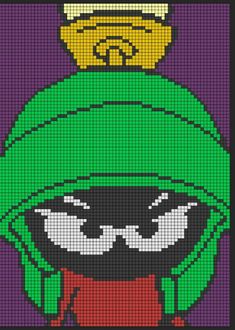 an image of a pixel art piece with a person wearing a green hat and scarf