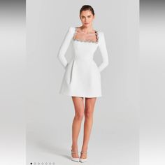 Nwt Sold Out Online Box Included Nadine Merabi Dresses White, White A-line Mini Dress For Gala, Square Neck Embellished Dresses For Formal Events, Luxury White A-line Dress, Square Neck Embellished Cocktail Dress, Luxury White Dress For Banquets, Luxury White Dress For Banquet, White Square Neck Evening Dress, Luxury A-line Dresses For Dinner