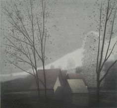 an image of trees and houses in the rain