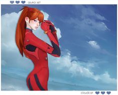 an animated image of a woman with red hair and blue eyes, wearing a red suit