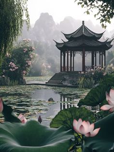 a gazebo surrounded by water lilies and greenery