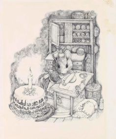 a drawing of a mouse sitting in front of a cake