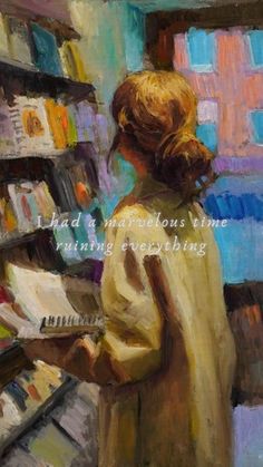 a painting of a woman in a library reading a book and looking at the books