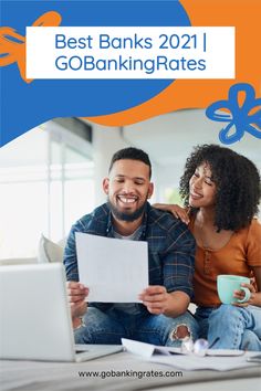 two people sitting on a couch looking at a laptop with the text best banks 2021 gobanking rate