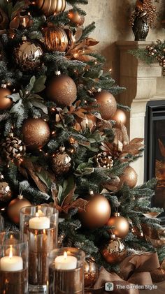 a decorated christmas tree with gold ornaments and candles in front of a fireplace mantel