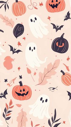 halloween wallpaper with pumpkins, ghost and bats on pink background for the holiday season