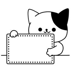 a black and white image of a cat holding a blank sign in its paws,