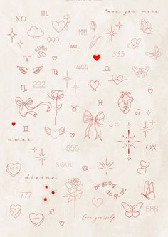 the back side of a sheet of paper with hearts and crosses on it, all drawn in red ink