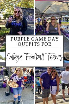 purple game day outfits for college football teams and their fans are featured in this collage