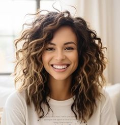 Layered Wispy Haircut, Balayage On Curly Hair Brunettes, Perm On Medium Length Hair, Face Framing Layers For Curly Hair, Wave Perm Medium Hair, Perm For Medium Length Hair, Mid Curly Hairstyles, Beach Wave Perm Before And After