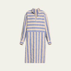 The Salting caftan coverup in a multi-striped design Collared split neckline Dropped shoulders Long sleeves; button cuffs Midi length  Shirttail hem  Slipover style  Linen Made in USA Striped Long Sleeve Kaftan For Vacation, Striped Long Sleeve Kaftan For Summer, Striped Long Sleeve Summer Kaftan, Multicolor Long Sleeve Kaftan For Daywear, Casual Striped V-neck Kaftan, Striped Linen, Stripes Design, Midi Length, Made In Usa