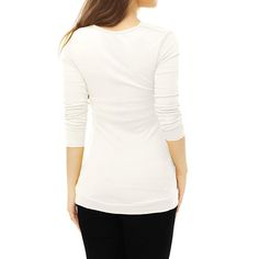 Show your feminine style with this ruched drape neck slim top. This long-sleeved pullover top is one of the must-have items in your wardrobe. The slim cut can show your charming silhouette, and the button decor adds a casual feel. Feel free to pair it with jeans and boots for a smart look. Day-to-Night, Weekend Gathering, Vacation, Office, School, Dating, etc. Long Sleeve Ruched Tops For Workwear, Ruched Long Sleeve Tops For Work, White Ruched Top For Fall, Solid Ruched Tops For Work, Solid Ruched Tops For Workwear, Fitted Long Sleeve Ruched Blouse, Ruched Long Sleeve Workwear Top, Fall Ruched Crew Neck Top, High Stretch Moisture-wicking Long Sleeve Tops