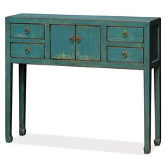 a blue wooden table with three drawers