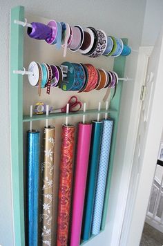 a shelf filled with lots of different colored items