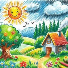 a drawing of a house with trees and flowers in the foreground, sun above