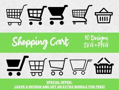 the shopping cart svg bundle is shown in black and white, with green stripes