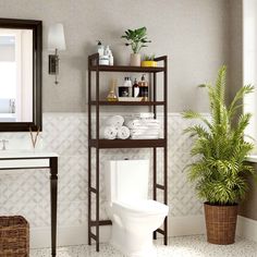 a bathroom with a toilet, sink and shelf next to a plant in the corner