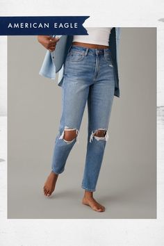 New Comfort Stretch Waistband!/Stretchy at the waist, rigid everywhere else./Medium wash/Ripped Rip Mom, Mom Jean, Summer Fits, Women's Jeans, Summer Beach, American Eagle Outfitters, Mom Jeans, American Eagle, Women Jeans