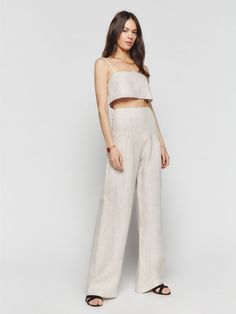 Plays well with others. Shop the Cleo Two Piece from Reformation, a matching linen two piece set with a spaghetti strap cropped top and pants. Greece Outfit, Linen Pant, Linen Set, Linen Top, Two Piece Set, Linen Pants