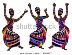 three african women dancing with their hands in the air and wearing colorful clothing, on white background