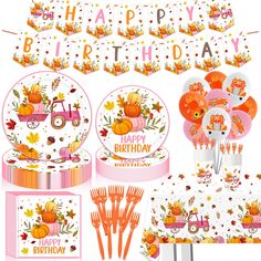 a birthday party set up with orange and pink decorations, plates, forks, napkins, and more