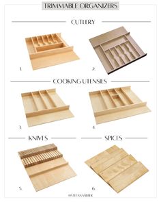 different types of drawers and trays for kitchen cabinets, including the drawer divider